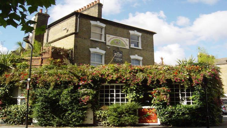 A charming brick building covered with green foliage and vibrant flowers, identified as The Orange Tree pub. It has three stories with white-framed windows, a decorative sign, and lush greenery climbing up the facade. The sky is partly cloudy in the background.