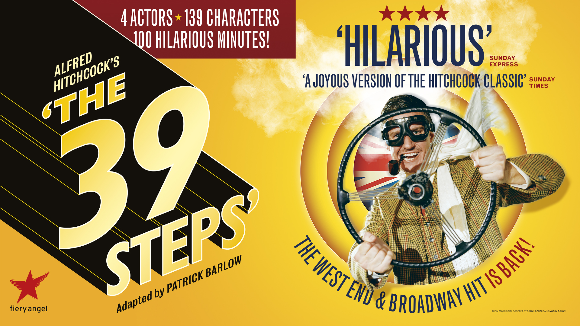 A promotional poster for Alfred Hitchcock’s “The 39 Steps.” The poster highlights that the play features 4 actors, 139 characters, and 100 minutes of humor. A man in aviator gear with a joyful expression is depicted, promoting the play as a West End and Broadway hit.