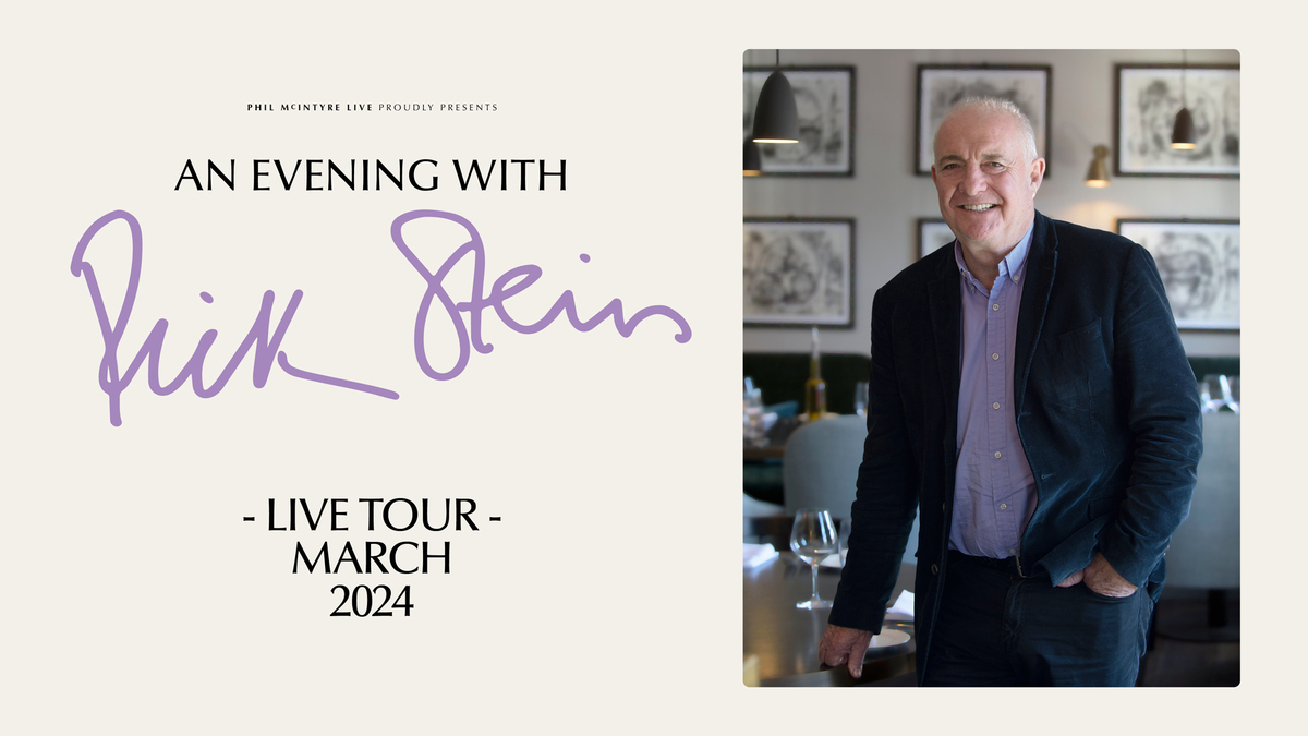 Promotional image for An Evening with Rick Stein live tour in March 2024. The left side features the event details with Rick Stein's signature, and the right side displays a photo of Rick Stein smiling and leaning against a table in a restaurant.