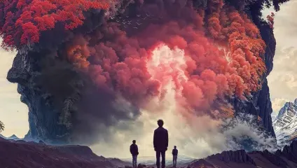 Three individuals stand facing an immense, surreal landscape. A massive, twisted cloud of vibrant red and orange hues dominates the sky, resembling an explosion in nature. This dramatic scene is bordered by two tall rock formations covered in vegetation.