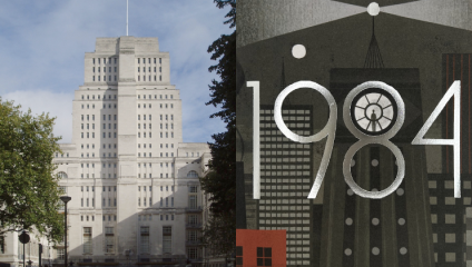A split image showing London's Senate House on the left, a tall white building with a classic architectural design. On the right is artwork from George Orwell's novel 1984, depicting stylized buildings and the numbers 1984 in a futuristic font.