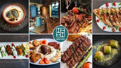 A collage of various dishes from the restaurant Gökyüzü. Featured are a baked dish in a clay pot, interior view of the restaurant, a plate of lamb chops, pide with vegetables, a mixed appetizer plate, a main dish with meat and rice, kebabs, and baklava.