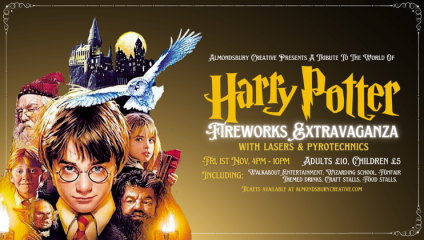 Facebook Poster for the Almondsbury Creative Society’s Bonfire Night Tribute to Harry Potter, featuring a movie poster image with the faces of several characters from the film Harry Potter and the Philosopher’s Stone next to the details of the event