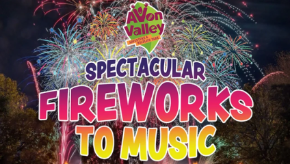 An advertisement for the Spectacular Fireworks to Music event at Avon Valley Adventure & Wildlife Park - those words are centered in big, bold, fun font with colourful fireworks bursting around them