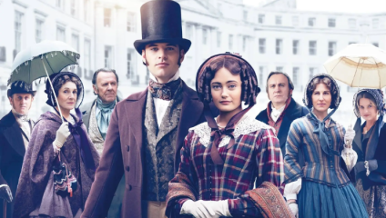 In Victorian Belgravia, against the backdrop grand white terraced houses, a young couple look to the camera. Behind them, several older people are looking at them suspiciously.