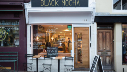 The shop front/facade of Black Mocha in Brighton