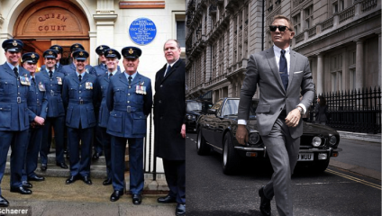 On the left, a group of people in military uniforms and a man in a suit stand in front of a building labeled Queen Court. On the right, a man in a grey suit and sunglasses walks confidently on a city street with a black car parked behind him.