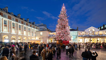 Covent Garden piazza, with a giant Christmas tree looming large above it, illuminated by thousands of lights