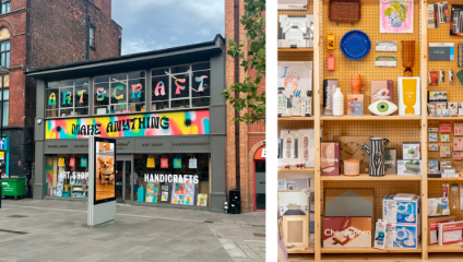 A split imahe: the left side shows the street view/exterior of Fred Aldous Ltd, the right side shows a shelf inside the shop filled with colourful art materials