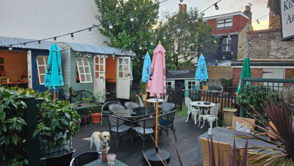 Outdoor patio scene with several empty tables and chairs, some with colorful umbrellas. A yellow Labrador dog stands near a chair. There are string lights above and two shed-like structures. Surrounding the patio are various plants, small trees, and neighboring buildings.