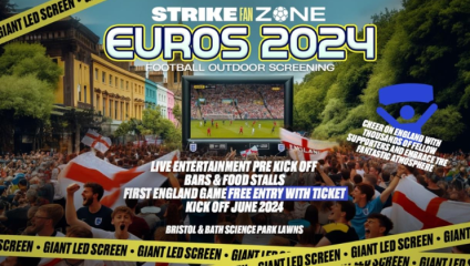 Crowd of football fans holding flags at an outdoor screening event for Euros 2024. Text on image promotes live entertainment, bars, food stalls, and free entry with a ticket for the first England game. Event takes place at Bristol & Bath Science Park Lawns in June 2024.