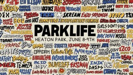 A bold and colorful poster for Parklife Festival at Heaton Park, June 8-9th. The design features the festival name prominently in black. Surrounding it are various artist names in diverse fonts and colors, forming a vibrant mosaic of text.
