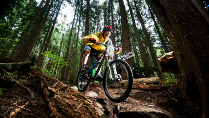 A mountain biker, wearing a yellow jacket and red helmet, rides a rugged forest trail. Tall trees surround the trail, creating a dense canopy overhead. The ground is littered with roots and rocks, adding to the challenging terrain.