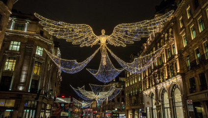 The famous angel-shaped illuminations light up London’s busy Regent’s Street