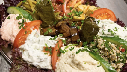 A platter featuring a variety of Mediterranean dishes such as hummus, tzatziki, dolmas (stuffed grape leaves), tabbouleh, and various fresh vegetables including tomato slices, cucumber slices, and lettuce. The items are garnished with fresh herbs.