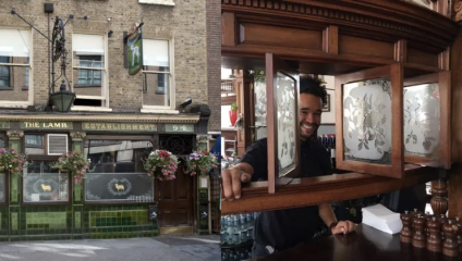 Left image: Exterior of The Lamb pub with green tile facade, hanging flower baskets, and a sign depicting a lamb. Right image: Smiling bartender behind the bar, partially obscured by wooden privacy screens with etched glass.