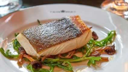 A gourmet dish featuring a seared piece of fish with crispy skin, served on a bed of sautéed greens and garnished with small mushrooms. The dish is presented on a white plate.