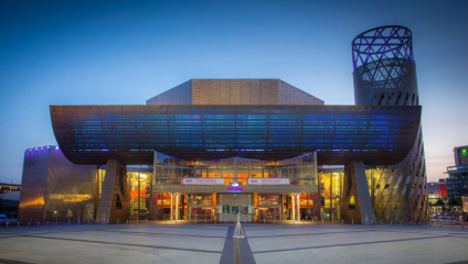 A wide exterior shot of the front of The Lowry performing arts centre in Salford’s MediaCity UK