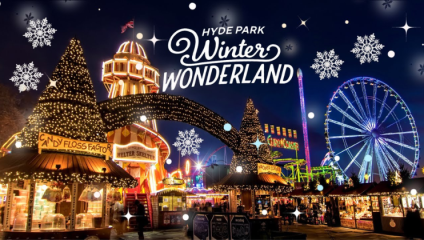 A graphic advertising Winter Wonderland at Hyde Park (those words appear in white font in the centre); against the night sky we see the lights of a huge helter-skelter slide and Christmas market stalls below.