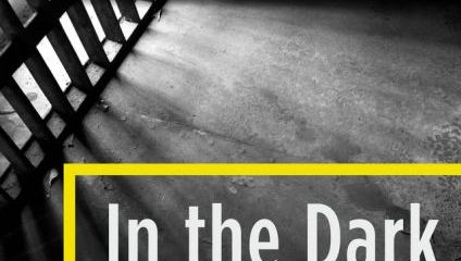 A grayscale image shows light streaming through barred windows onto a concrete floor, casting shadows. The top of the image features the text The New Yorker, and below, within a yellow-bordered box, reads In the Dark.