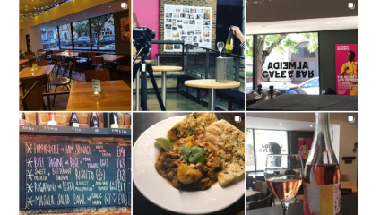 Collage of six images: a cozy cafe with tables and fairy lights, a digital screen and camera setup inside a room, a view of windows with posters outside, a chalkboard menu listing various dishes and prices, a plate of food with naan, and two glasses of wine.