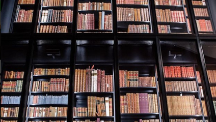 A tall bookcase filled with numerous old books of various sizes and colors. The books are neatly arranged, predominantly showing brown, red, and gold spines. The bookcase has a dark wooden frame and stretches up to the ceiling.