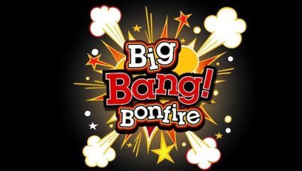 Big Bang! Bonfire text in bold, cartoon-style font with explosive visual elements like yellow stars, white puffs of smoke, and red fiery effects radiating outward on a black background.