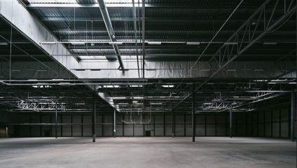 A large, empty industrial warehouse with a high ceiling and exposed metal beams. The floor is smooth concrete, and various pipes and ducts are visible on the ceiling. The space is well-lit from overhead skylights, creating a clean and open atmosphere.