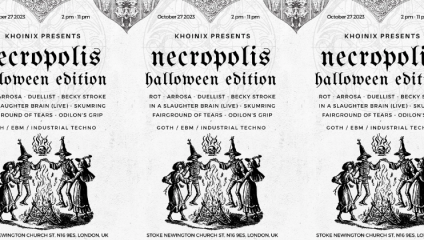 A grayscale poster for Necropolis - Halloween Edition on October 27, 2023, from 2 pm to 11 pm at Stoke Newington Church St, London. Performers listed include Rot, Arrosa, Duelist, Becky Stroke, and more. Described as goth, EBM, and industrial techno.