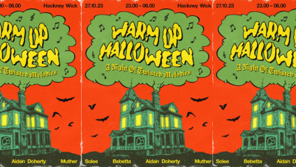 A vibrant Halloween event poster with three repeated sections showing a haunted house and bats on an orange background. Text: Warm Up Halloween - A Night of Twisted Melodies, 27.10.23, 23:00 - 06:00, Hackney Wick. Performers: Solee, Bebetta, Aidan Doherty, Muther.