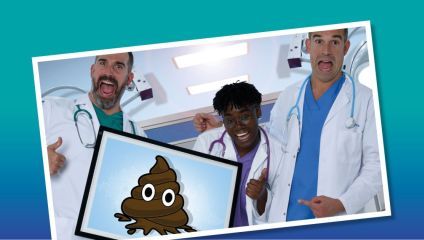 Three doctors, two men and one woman, pose inside a medical setting with surprised and excited expressions. They hold a poster featuring a cartoon poop emoji. All three are dressed in white lab coats with stethoscopes around their necks.