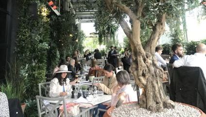People sit at tables eating and talking in a bustling outdoor restaurant surrounded by green plants and trees. The setting is bright, with natural light filtering through foliage, creating a lively and relaxed atmosphere.