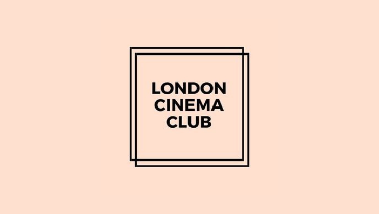 The image features a minimalist logo with the text LONDON CINEMA CLUB centered within overlapping black square outlines on a peach-colored background.