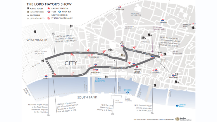 A map of The Lord Mayor's Show route in the City of London. The map shows the procession path, public viewing areas, rest areas, accessibility points, and various landmarks. Key locations labeled include Westminster, South Bank, and St. Paul's Churchyard.