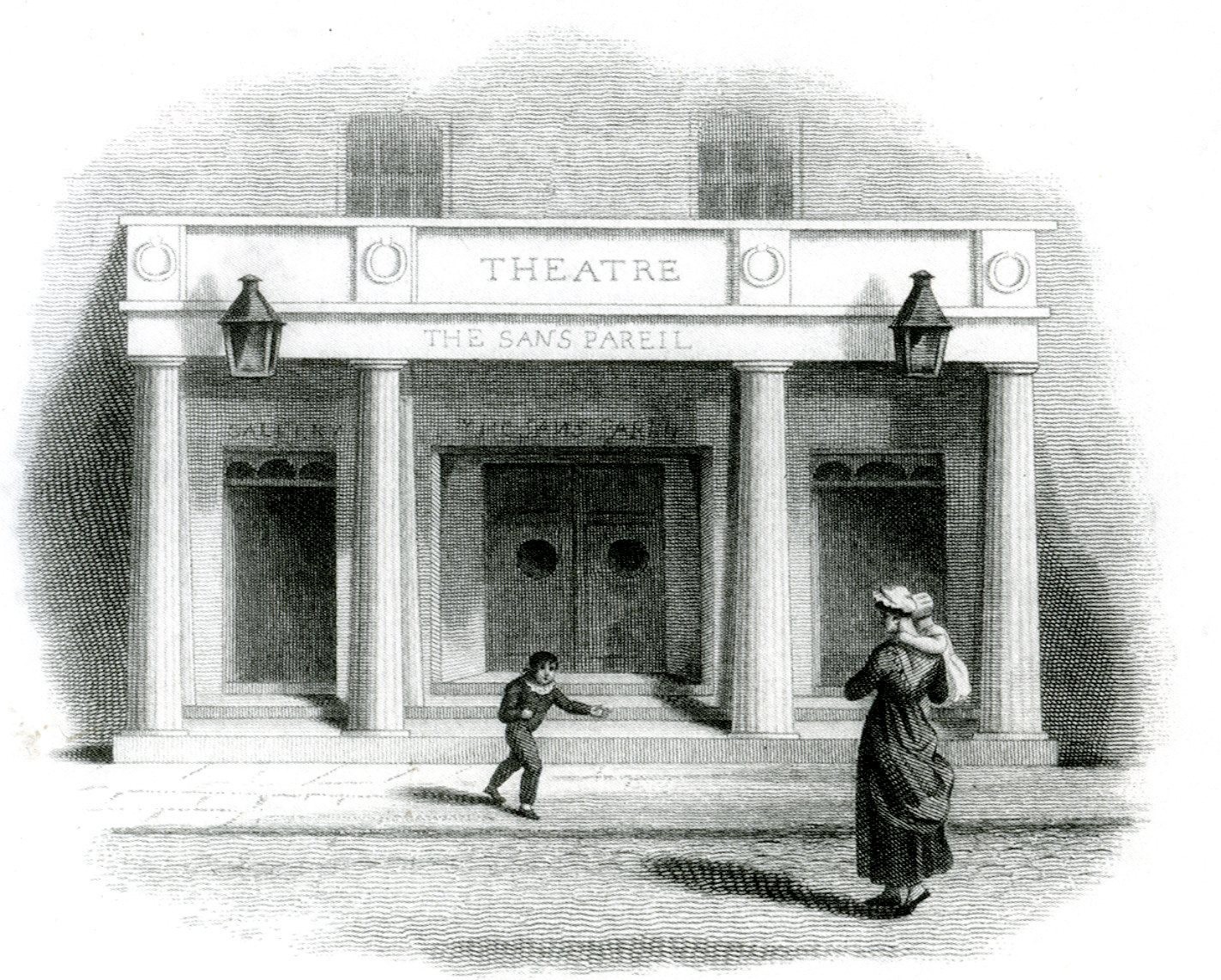 A vintage illustration of the Sans Pareil Theatre entrance. The theater has neoclassical architectural features, including columns and a sign reading Theatre The Sans Pareil. A woman holds a child and a child runs towards them on the paved street.