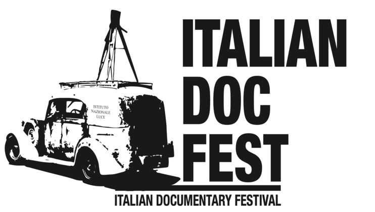 Black and white logo for Italian Doc Fest. Features an old car with a camera mounted on top. Text reads: ITALIAN DOC FEST and ITALIAN DOCUMENTARY FESTIVAL. The car has ISTITUTO NAZIONALE LUCE written on its side.