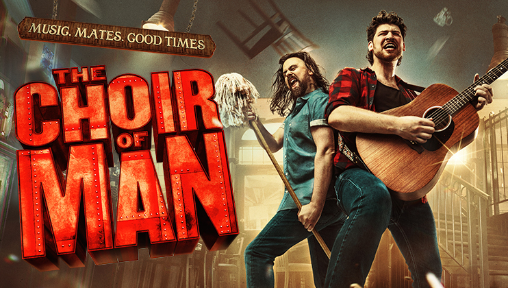 The Choir of Man theatrical poster. Two men, one with a mop and the other with a guitar, energetically perform in a lively, hazy pub setting. The tagline reads Music. Mates. Good Times. The large title text is prominently displayed in bold red.