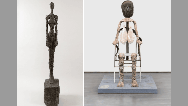 L: Alberto Giacometti, Femme debout [Standing Woman], 1957, Fondation Giacometti © Succession Alberto Giacometti / Adagp, Paris 2025
R: Huma Bhabha, Mask of Dimitrios, 2019. Image credit: Daniel Perez. Courtesy of the artist and David Zwirner Gall