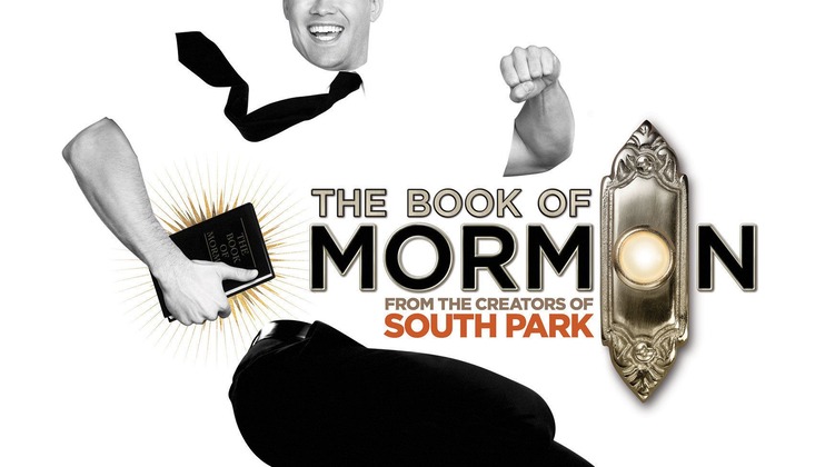 Book of Mormon Image of man holding a book, running with a huge doorbell