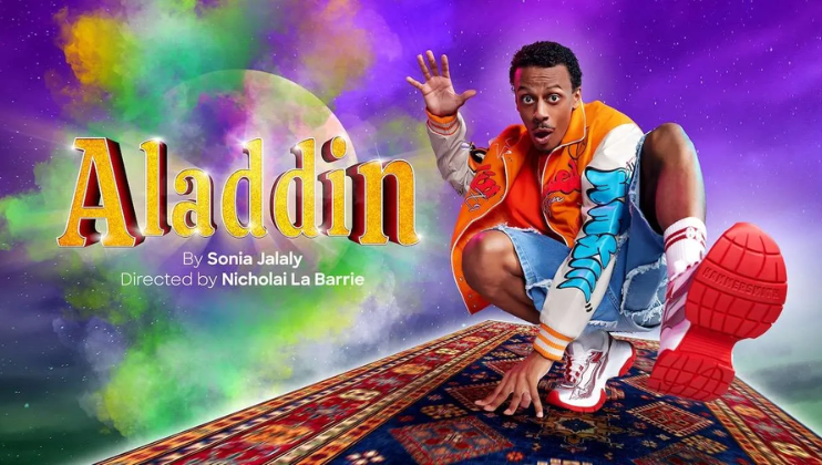 Promotional poster for Alladin at Lyric Hammersmith Theatre; Alladin posing in a breakdance move on his flying carpet, against a purple night-sky backdrop with the moon and several multi-coloured paint explosions