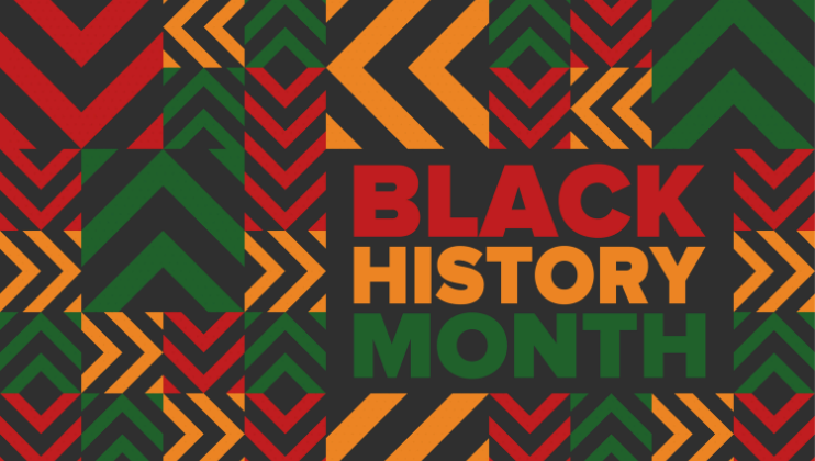 A Black History Month logo: multiple squares and rectangles of different sizes show arrows pointing in one direction, each square either red, green or yellow - the colours of the Pan-African flag. Inside one square in the lower-right quadrant of the image, the words Black History Month are in red, yellow and green, respectively.