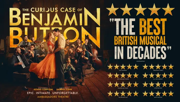 The Curious Case of Benjamin Button poster, 5 star reviews with Benjamin and barmaid Elowen dancing together.