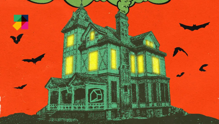 Illustration of a spooky, Victorian-style house with a dark green hue on an orange background. The house has glowing yellow windows and bats flying around it. Smoke trails rise from the chimneys. A colorful logo is placed in the top left corner.