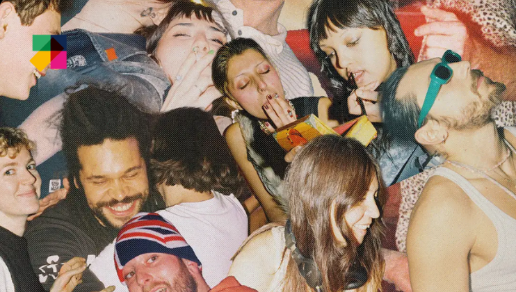 A lively collage of people at a party, featuring various individuals in close and joyful interactions. Some appear to be smoking and reading, while others are laughing and embracing. The overall atmosphere is vibrant and full of energy.