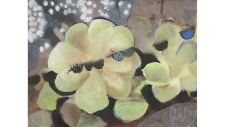 A painting depicts large, abstract yellow flowers with subtle shades of green and blue accents. The background is a blend of muted hues, giving a soft, dreamlike quality to the composition.