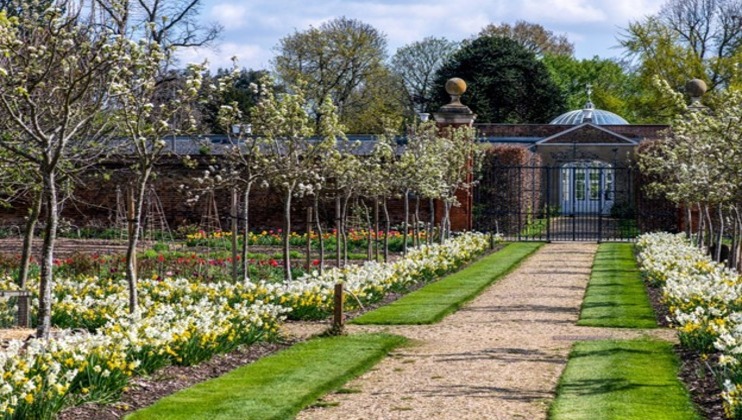 A gravel pathway lined with neatly trimmed grass, blooming white and yellow flowers leads to an ornate wrought iron gate. Behind the gate, there is a red brick building with a glass domed roof, surrounded by trees with fresh spring foliage.