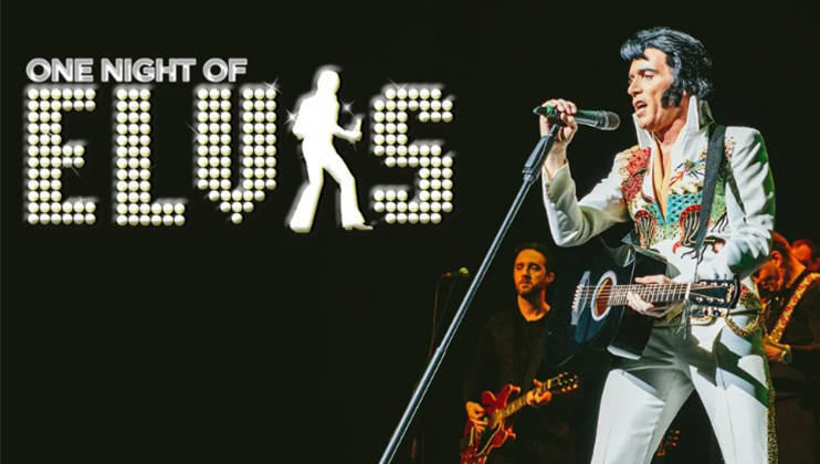 A performer dressed as Elvis Presley sings into a microphone on stage. He is wearing a white jumpsuit with colorful embellishments and playing a black acoustic guitar. The text ONE NIGHT OF ELVIS is prominently displayed on the left side of the image.