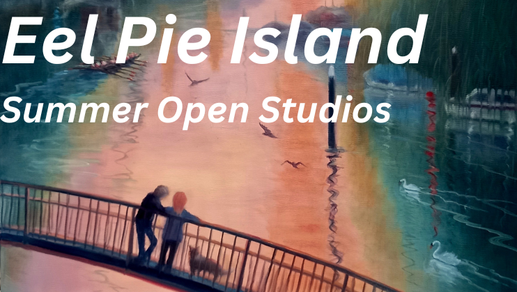 An impressionistic scene features a bridge over tranquil water. Two people stand on the bridge, one leaning over the edge. Swans glide on the shimmering water. Large text overlaid reads, Eel Pie Island Summer Open Studios. Vibrant colors suggest a sunset.