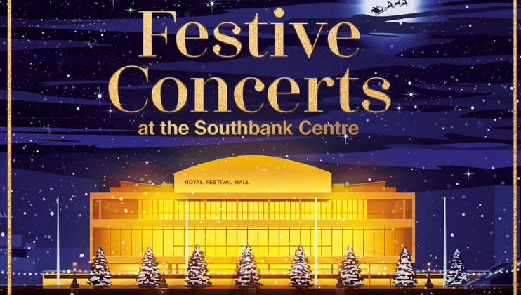 A cartoon rendering of the Southbank Centre’s Royal Festival Hall at Christmas; the rectangular building is glowing gold against a dark blue night sky while round snowballs fall and Santa’s sleigh flies through the sky in the top-left of the image. The central caption reads: Festive Concerts at the Southbank Centre