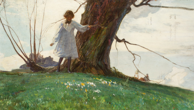 A young girl in a white dress stands beside a large, old tree on a green hillside dotted with small white and yellow flowers. She is gently holding a branch while looking down. In the background, a cloudy sky and two distant figures are visible.
